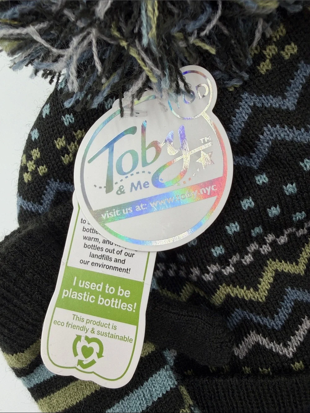 NWT Kids Black Pom Beanie and Mittens Set - Green & Blue Pattern 12/24 months